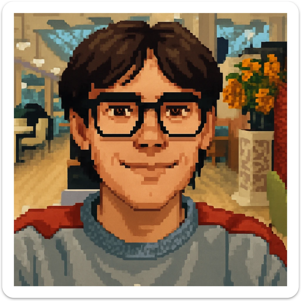 Dark-haired guy with hair to his earlobes, square black glasses, brown eyes, pixel art style sticker