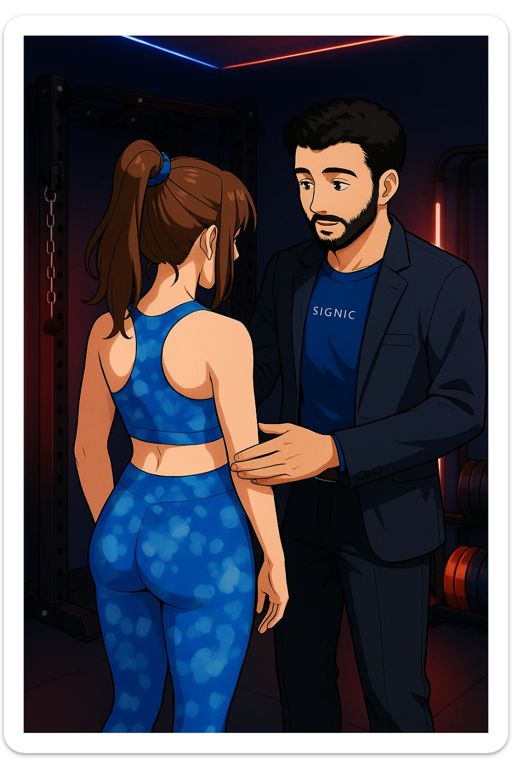 ispirati a questo stile di disegno e fai questa immagine in versione manga/webtoon a colori, il manga mostra la donna di spalle, mentre l'uomo le tocca la spina dorsale per spiegarle come funziona la scoliosi:
Con una scoliosi il baricentro corporeo cade maggiormente da un lato; per non cadere la schiena compensa accumulando tensione sul fianco opposto.
Il risultato? Si inclina e ruota sempre più, fino a che non cede (discopatie, artrosi, ecc) sticker