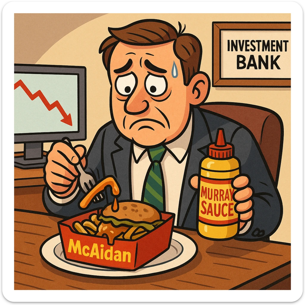 A cartoon-style investment banker at his desk, looking sad and anxious, eating a labeled 'Mcaidan' meal and 'Murray Sauce.' The food looks soggy and unappealing, and the labels are easy to read. sticker