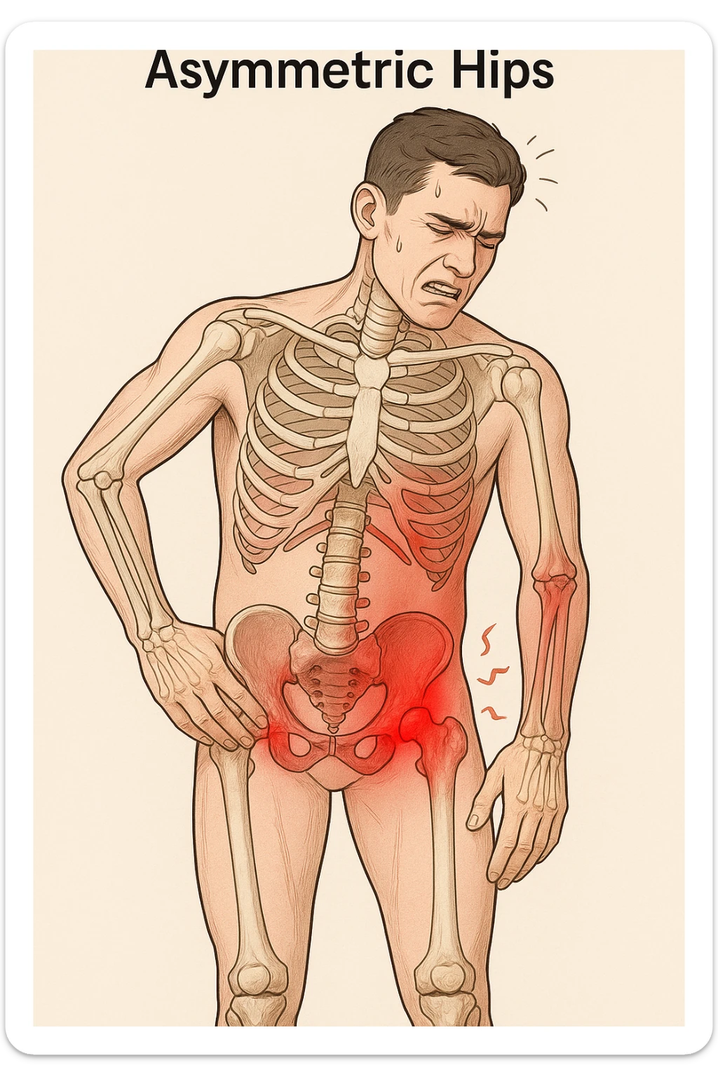 Uomo con dolore per via dei suoi fianchi asimmetrici vista anatomica sticker