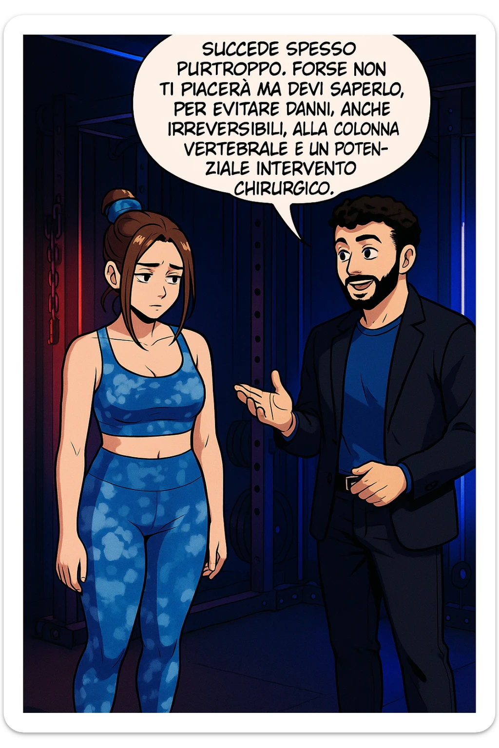 fai questa immagine in versione fumetto/manga/webtoon a colori, il manga mostra l'uomo che risponde alla donne:
Succede spesso purtroppo. 
Forse non ti piacerà ma devi saperlo, per evitare danni, anche irreversibili, alla colonna vertebrale e un potenziale intervento chirurgico. sticker