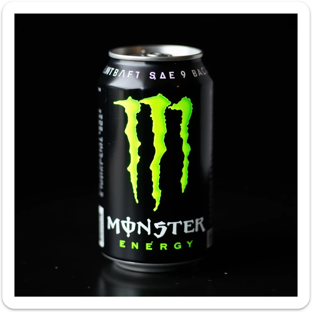 photorealistic close-up shot of monster energy drink can with detailed reflections and neon green accents, on a black background sticker