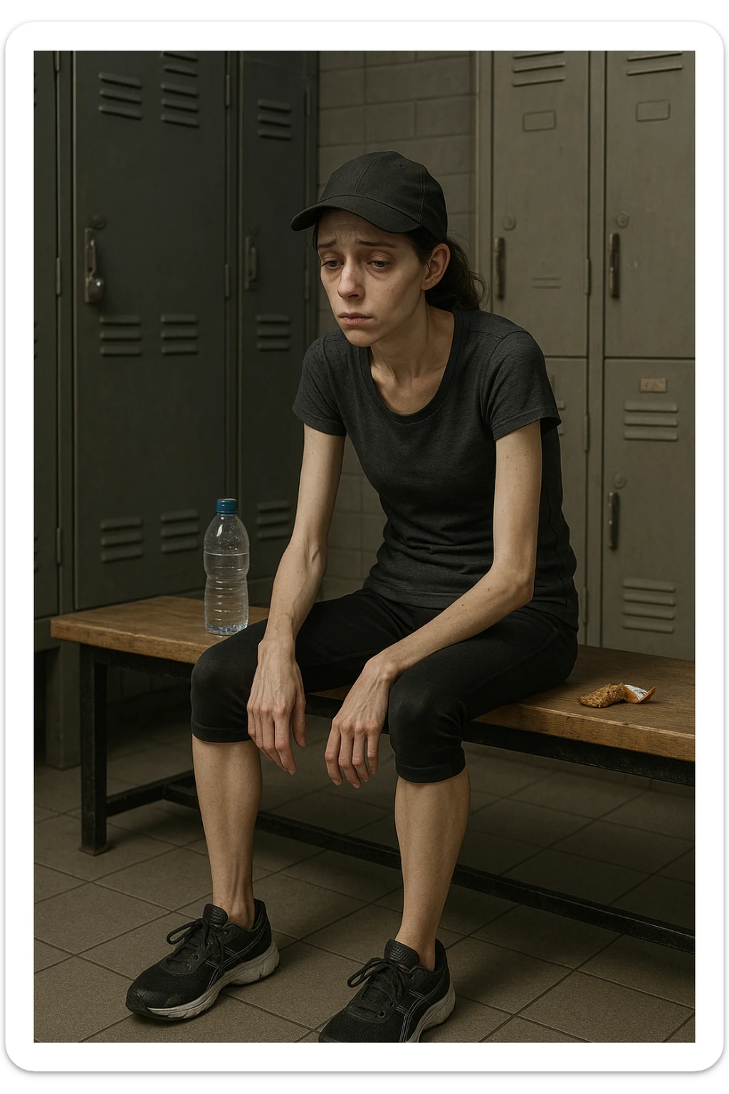 3D rendered scene: a woman in her 20s wearing running clothes sits on a bench in a locker room, looking exhausted and weak. Her face shows signs of fatigue, and her limbs appear thin and lacking muscle tone. A water bottle and a small, half-eaten snack are beside her, hinting at insufficient nutrition. The environment is realistic, with a focus on her physical and emotional state. sticker