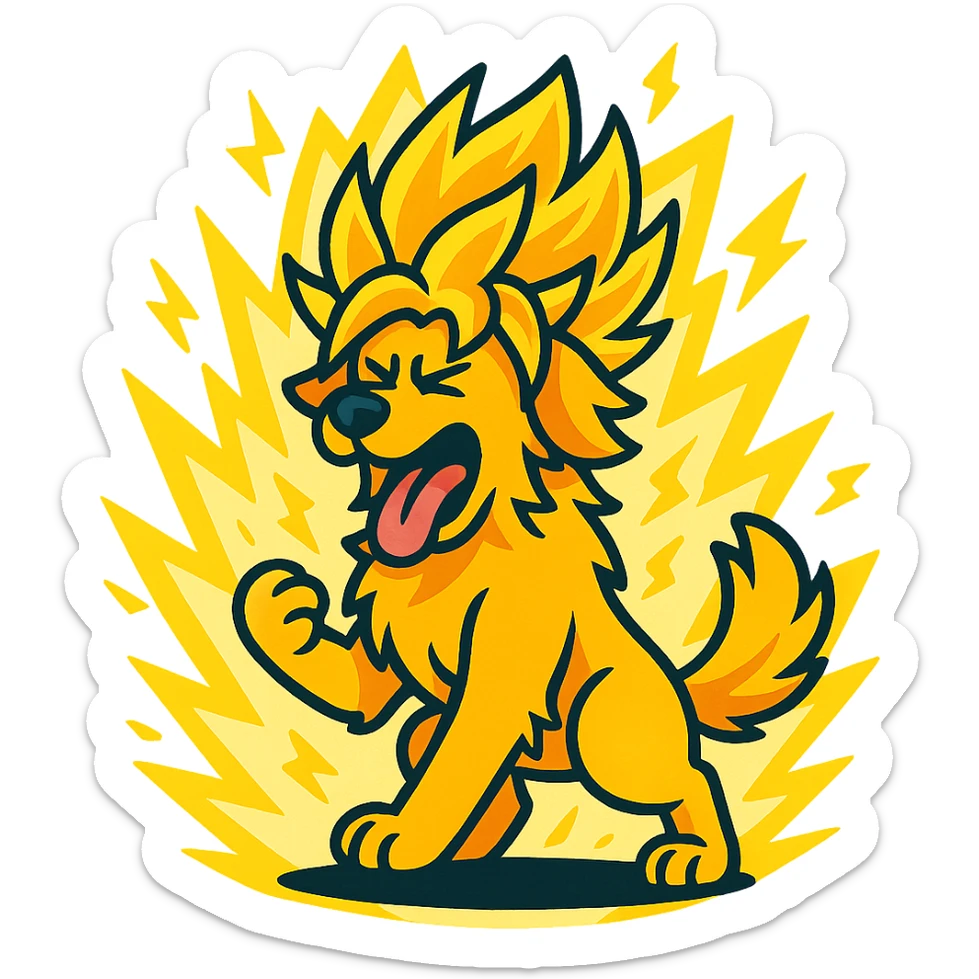 golden retriever in cartoon style, transforming into super saiyan with yellow energy and wild hair, dynamic and energetic sticker