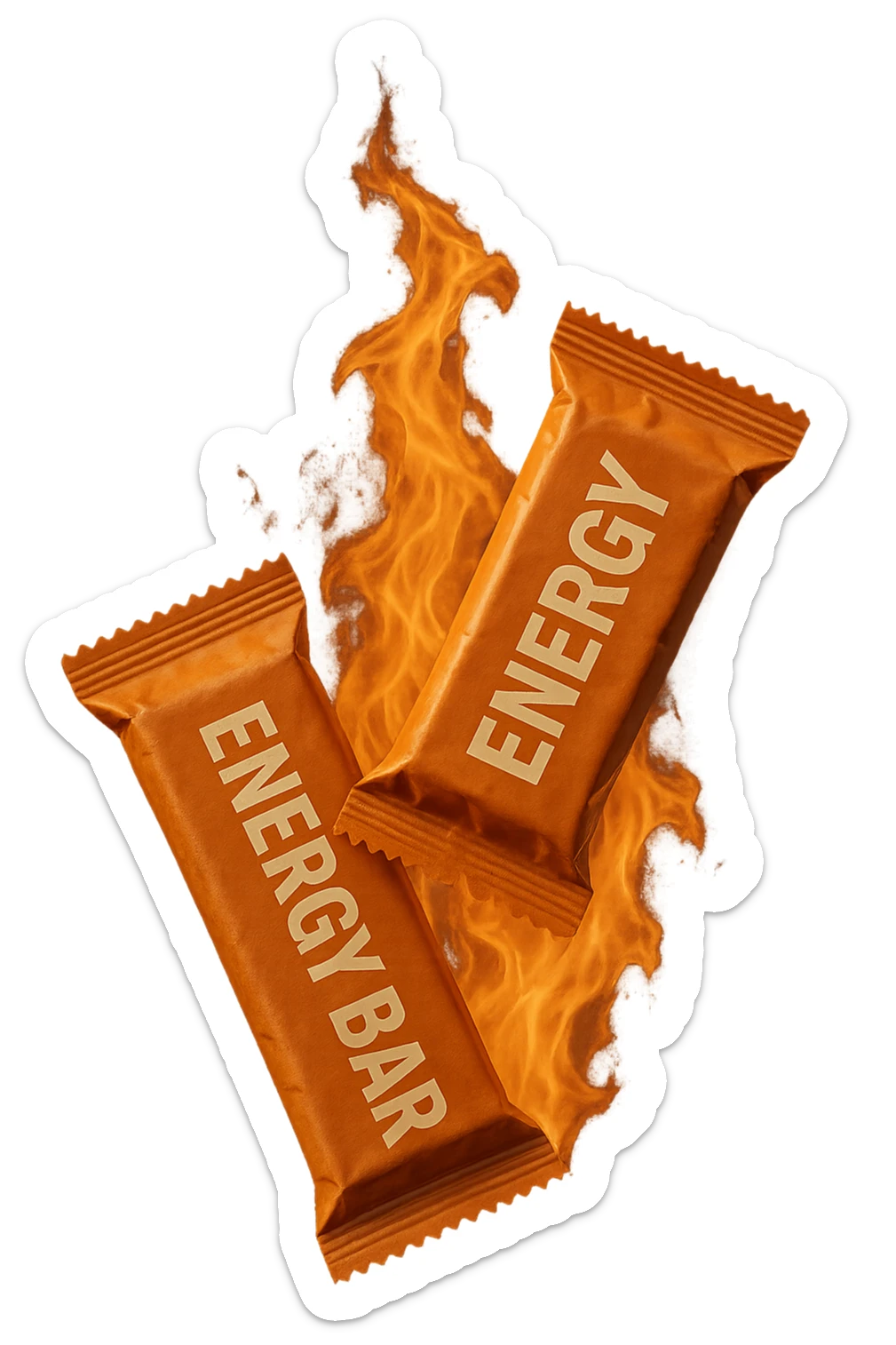 due barrette energetiche confezionate fluttuano in aria insieme ad una fiamma iperrealistici sticker