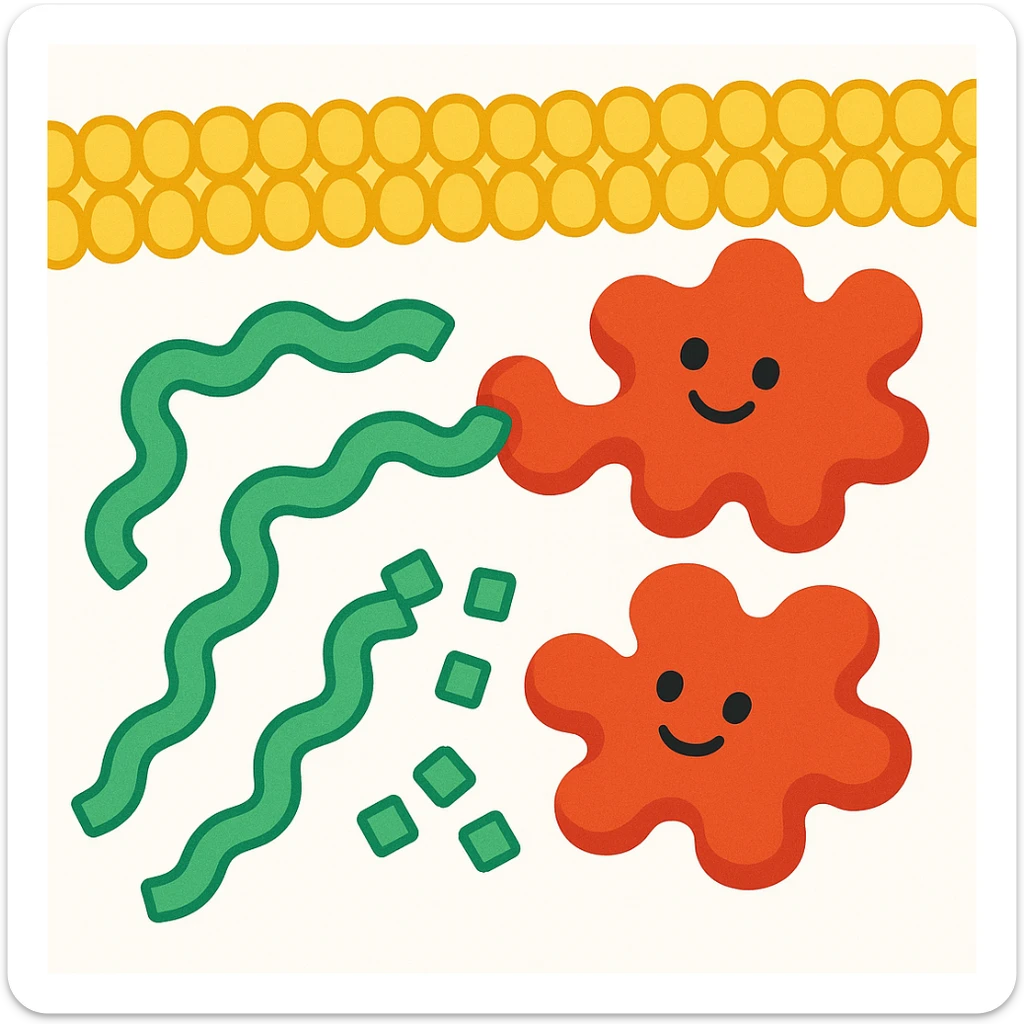 Ultra-detailed scientific illustration of enzyme digestion: Red amylase molecules (3D, globular protein structure) breaking down green starch polymers (chain of glucose units) into maltose near a yellow phospholipid bilayer membrane. Macro molecular view, clean white background, no text, no human figures or cartoon characters. Purely biological focus. sticker