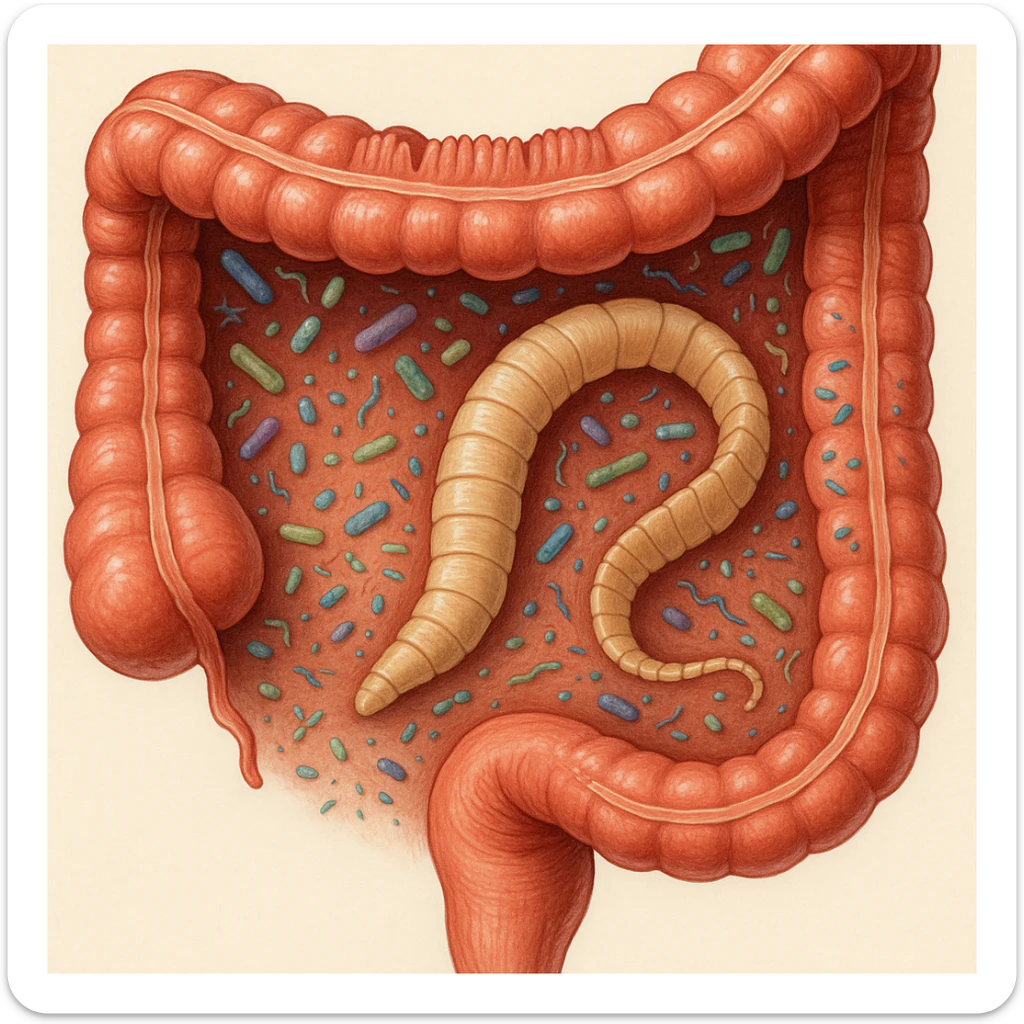a medical illustration of a human realistic gut with bacteria and parasyte (tenia) realistic  sticker