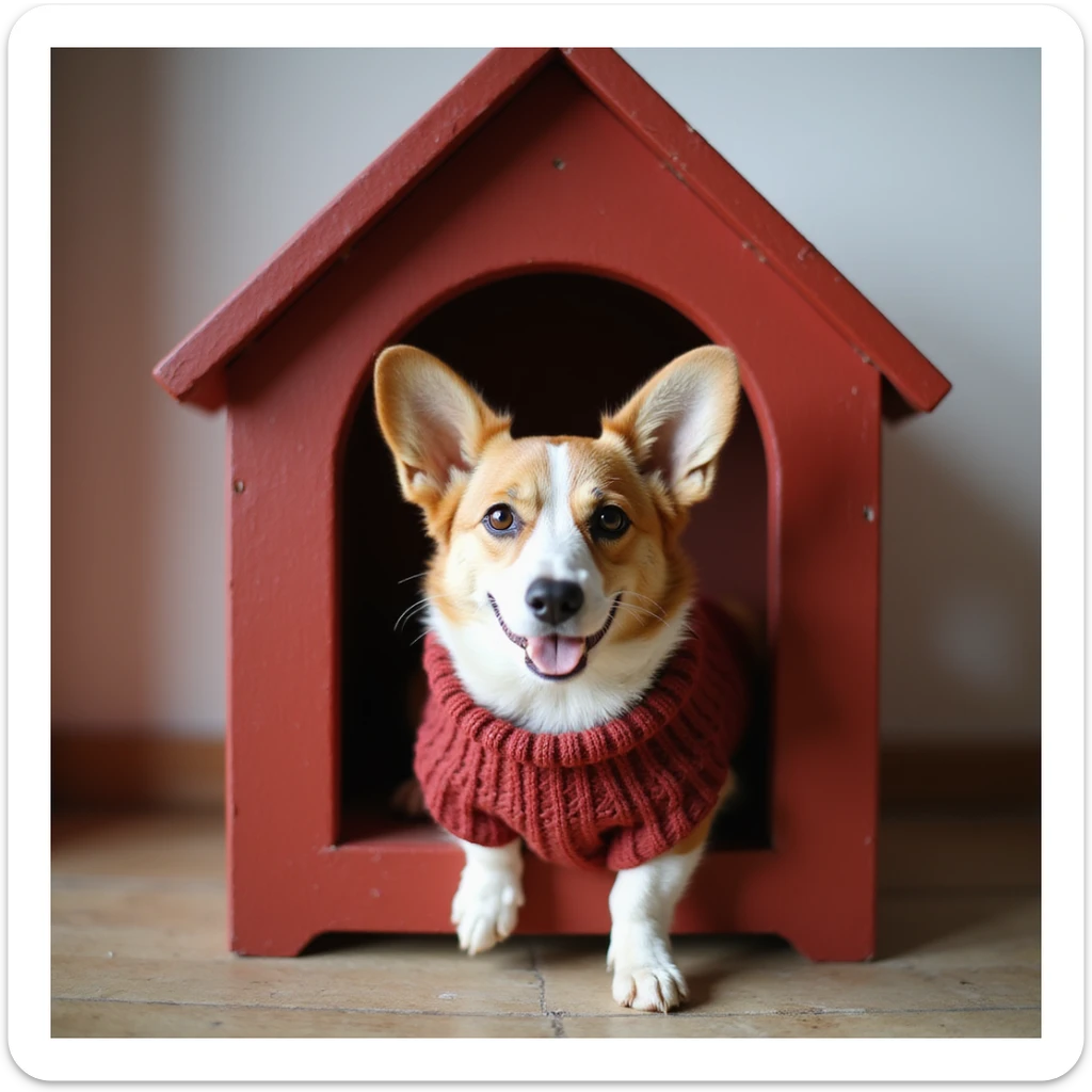 realistic red dog house with a Corgi dog inside, Corgi with a sweater, photorealistic style sticker