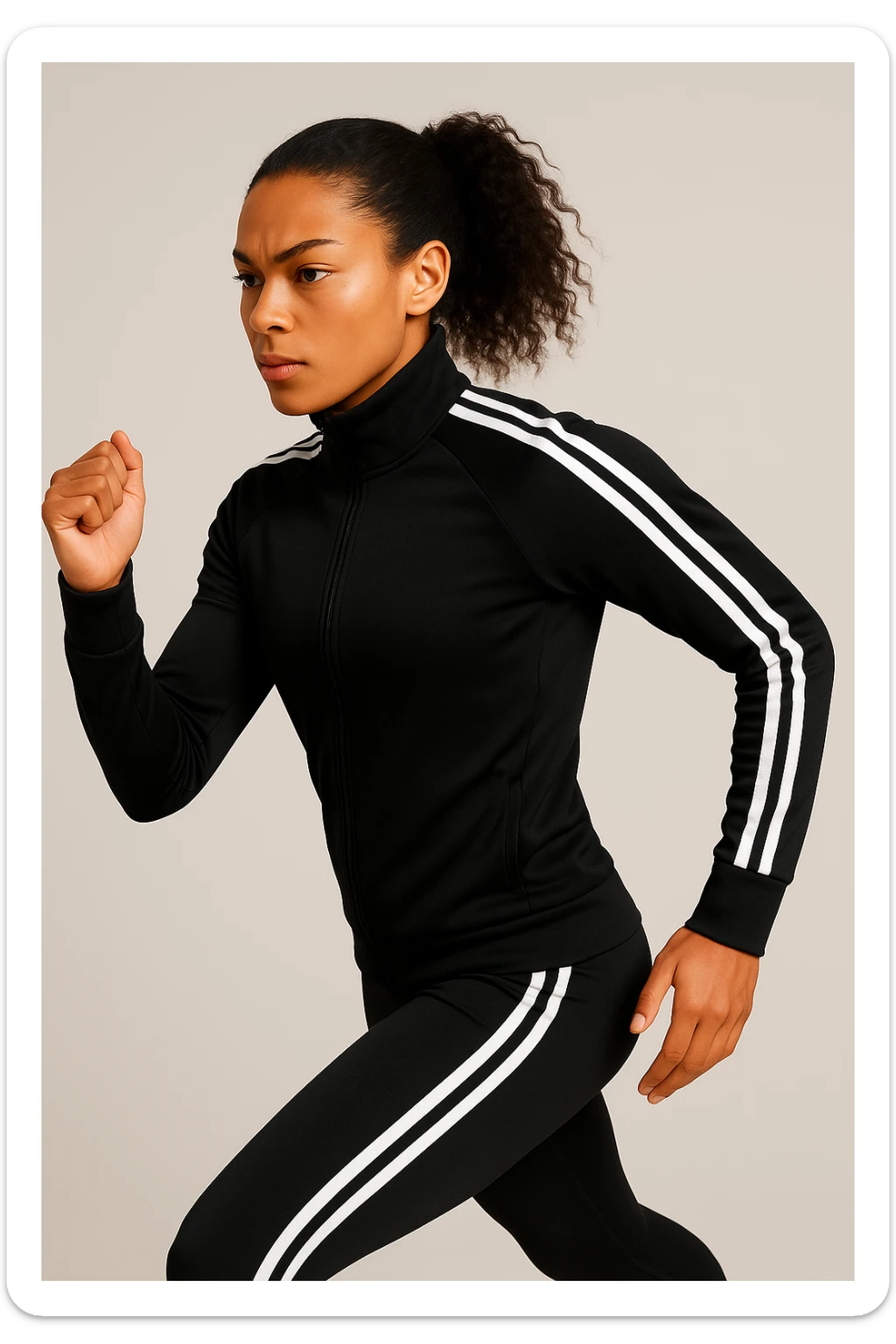 Edit the person in the running pose to be wearing a modern black sports outfit with three white stripes down the side of the arms, keeping the stripes visible and maintaining a modern athletic look. sticker