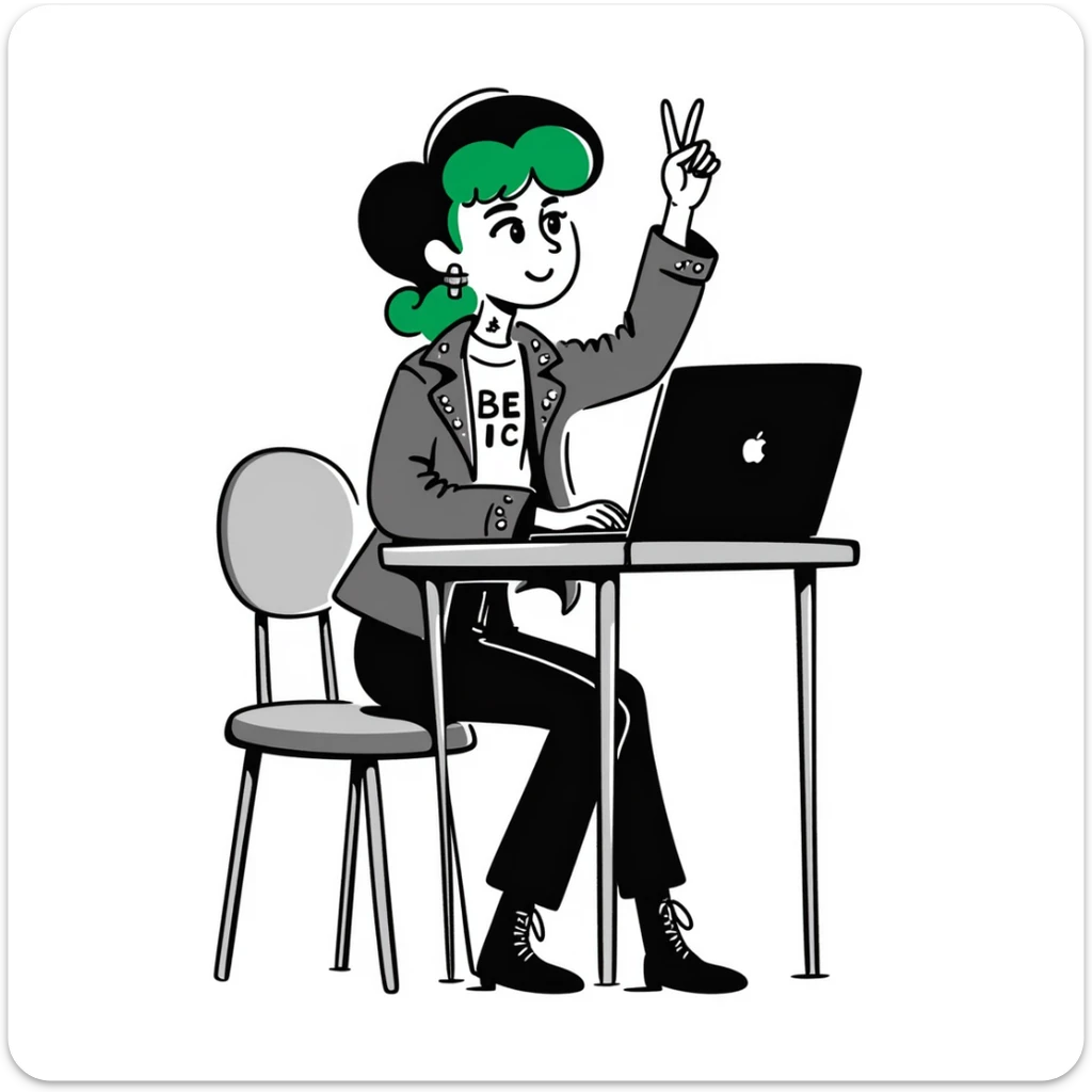Alternative rocker girl with green and black hair, nose ring, neck tattoo, wearing combat boots and studded leather jacket, confidently raising hand while sitting at desk with laptop in music class sticker