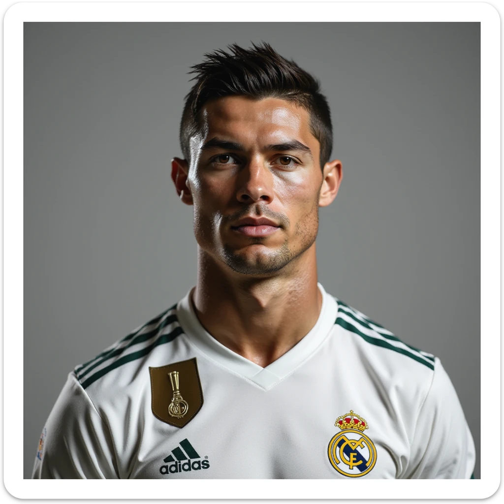 realistic portrait of Cristiano Ronaldo, photorealistic style, in a soccer jersey, neutral background sticker