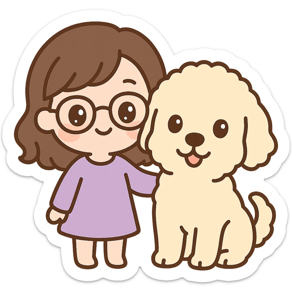 chibi style brunette female with glasses in a purple outfit with her large white or cream colored goldendoodle, both smiling sticker