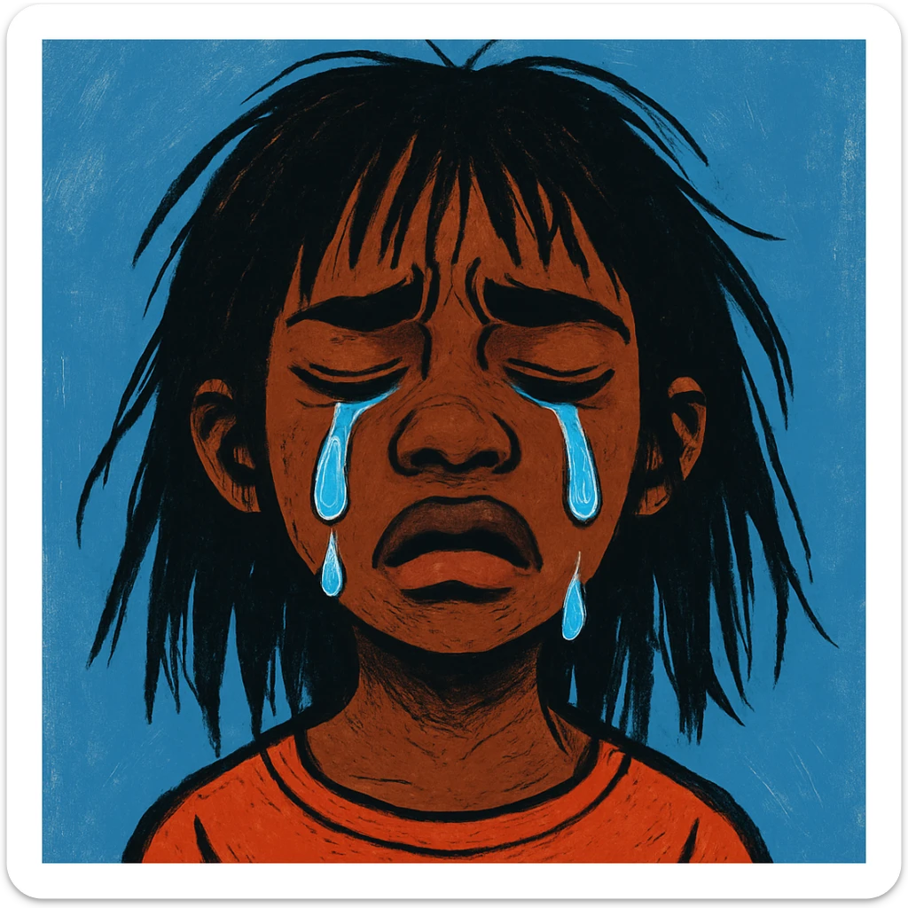 stylized illustration of sad crying black girl with straight messy hair, blue background, visible tears sticker