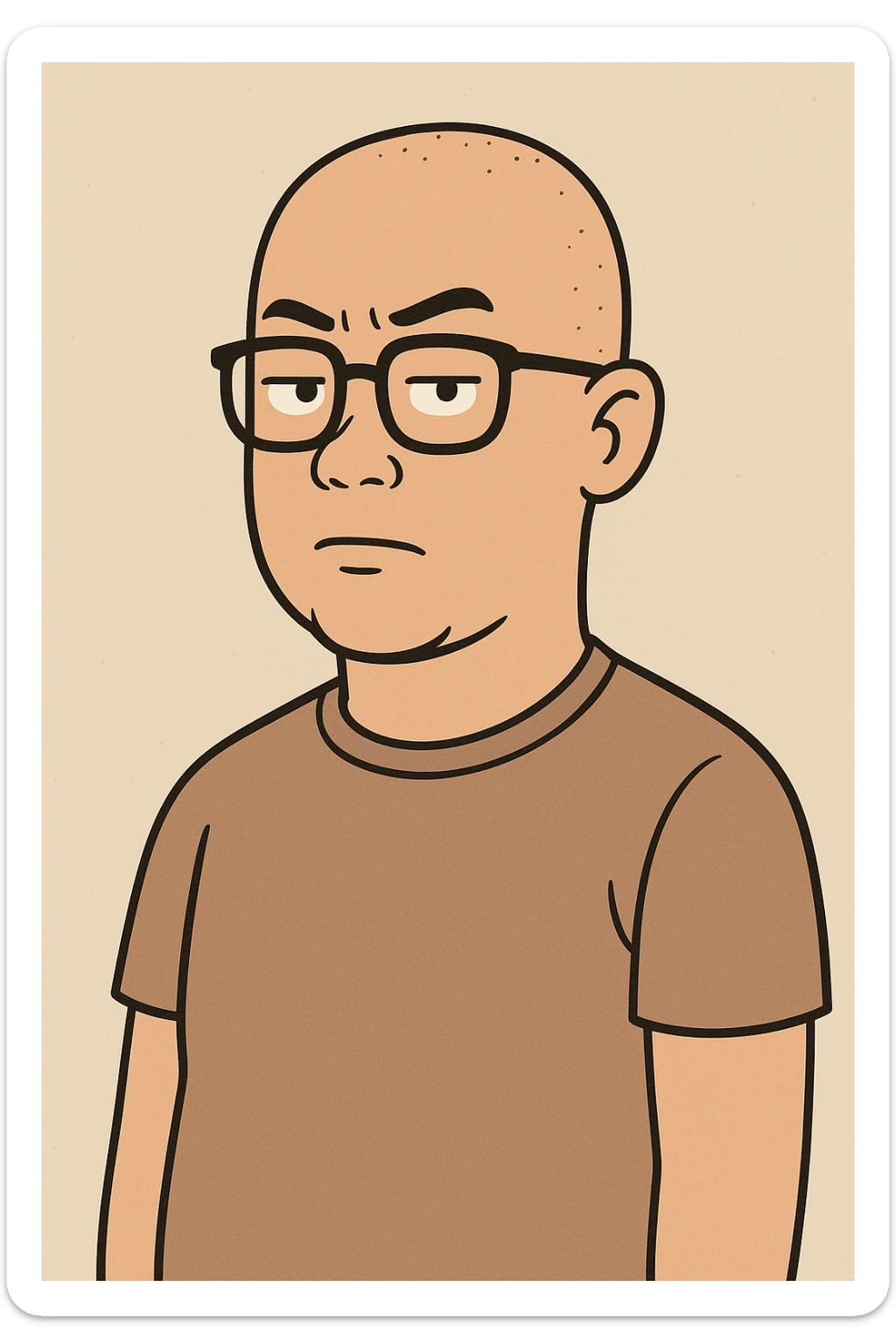cartoon style, skinhead Asian man wearing glasses, neutral expression, simple background sticker