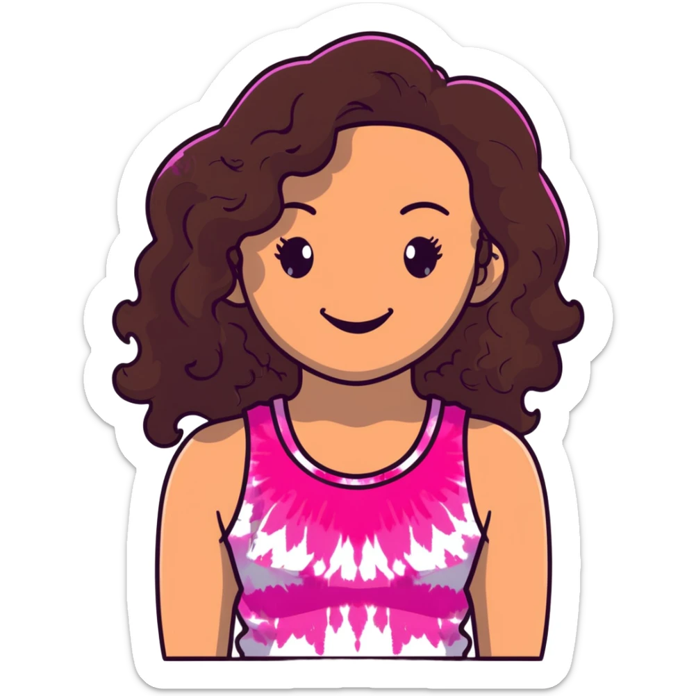 Friendly maternal woman with fair skin, long dark brown curly hair, large almond eyes, full lips, wearing bright pink tie-dye tank top, warm welcoming smile sticker