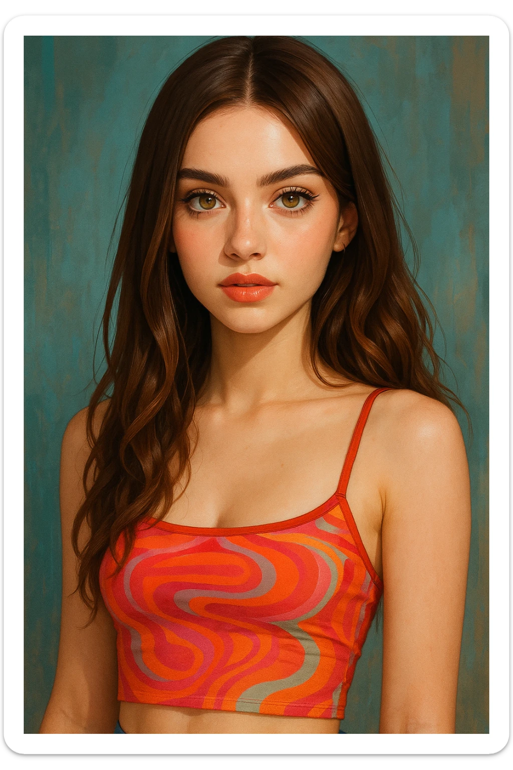 portrait of a girl with brown hair, both straight and wavy, hazel eyes, wearing a baddie style summer top, pale skin sticker