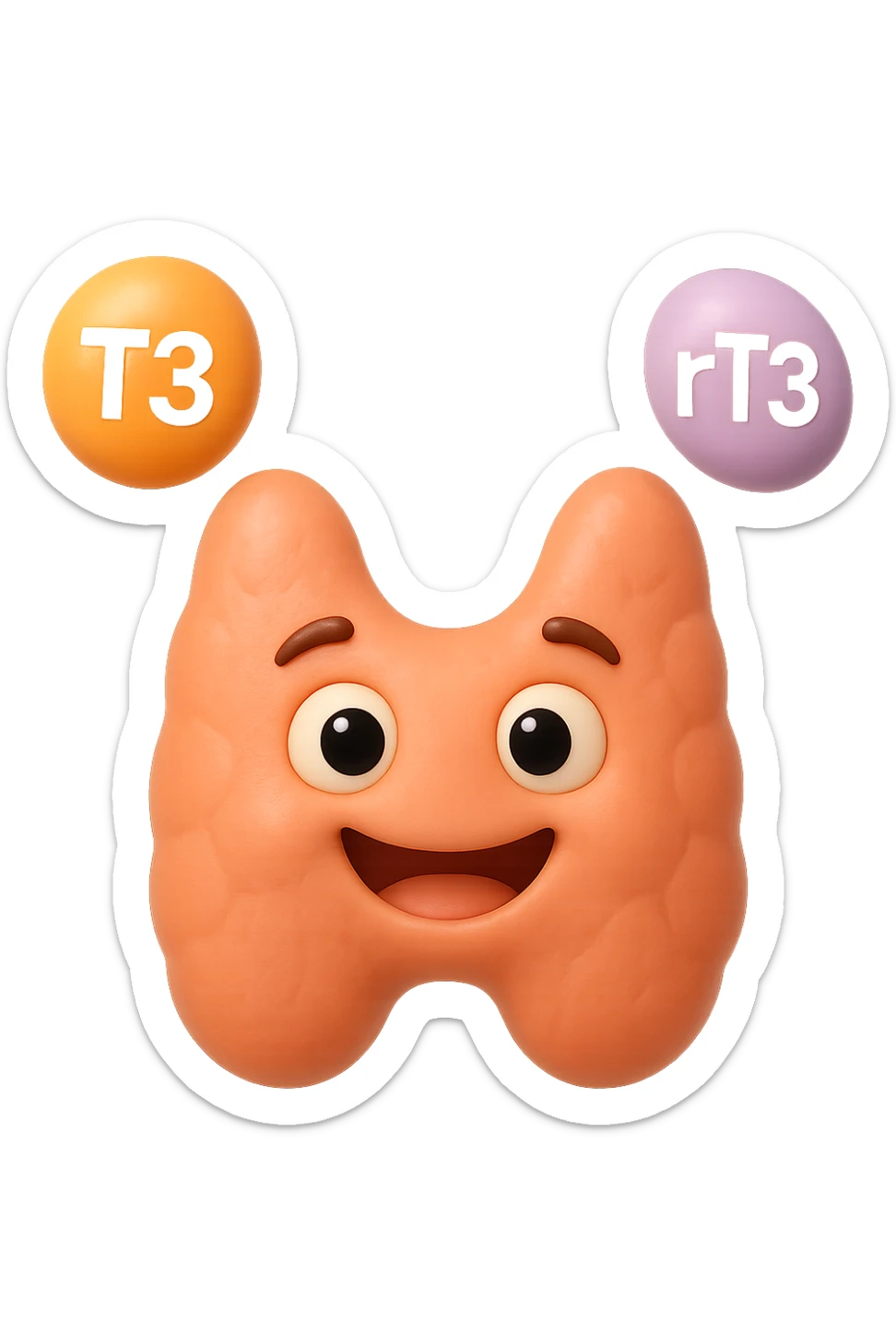 EMOJI STILE IPHONE 3D DI ormoni tiroidei (T3 ed rT3) che fluttuano in aria intorno ad una tiroide felice, iperrealistico 4k sticker
