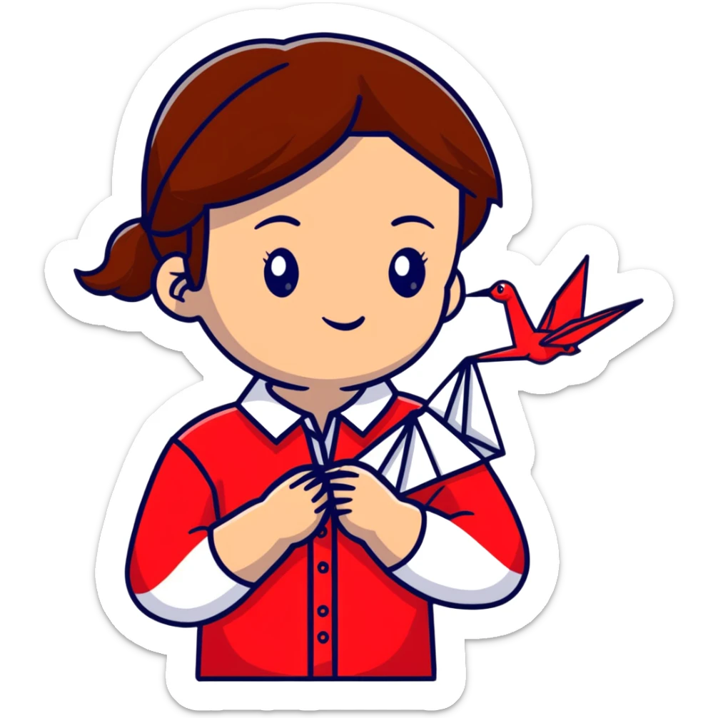 Ukrainian young girl with brown hair wearing an embroidered shirt holds an origami red crane sticker
