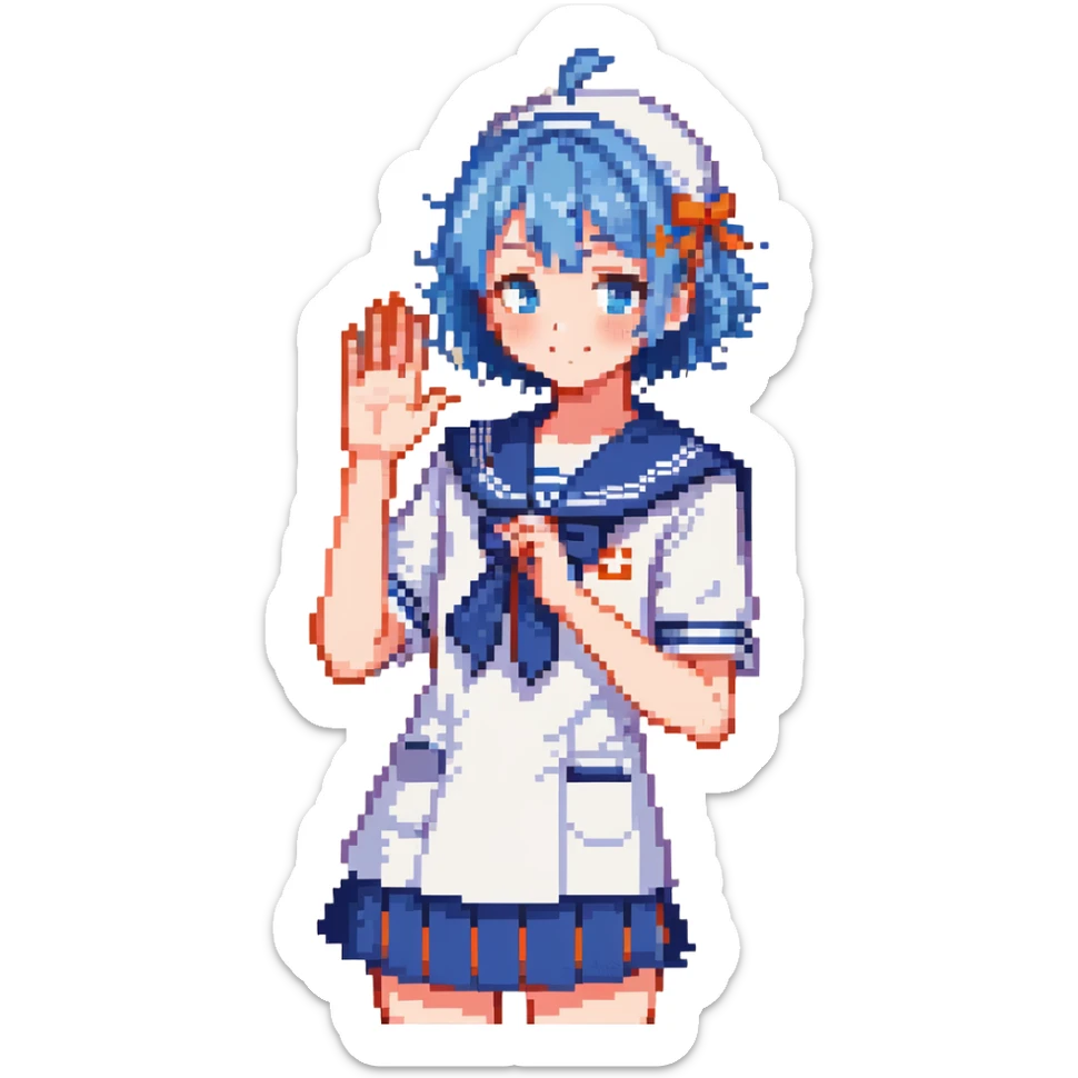 Pixel art anime girl with short bright blue hair wearing Japanese sailor style school uniform, composed posture with hand on hip but shyly waving with other hand, blushing face and timid smile, very shy expression sticker