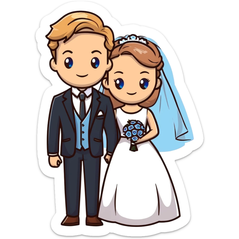 portrait of a bride with light brown hair and grey-blue eyes, and a groom with blonde hair, blue eyes, wearing a brown suit sticker