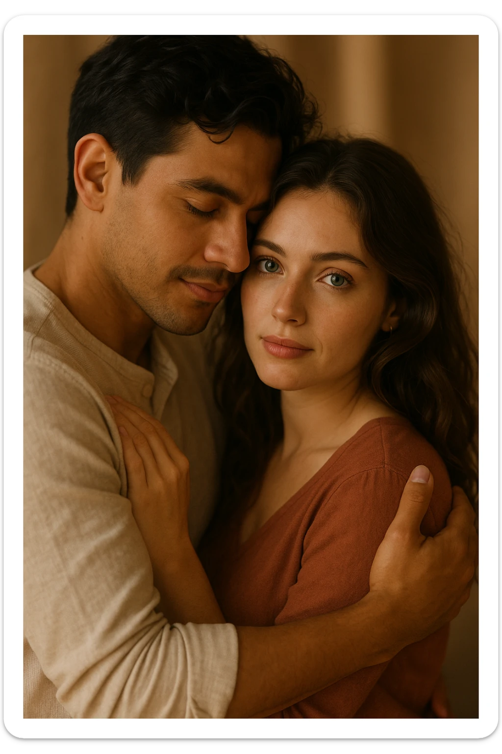 Latin couple hugging, man with dark hair, woman with green eyes, romantic mood, gentle and loving atmosphere sticker
