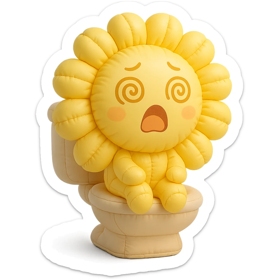 lemon yellow dandelion flower with a shocked face, sitting on a toilet with swirls in the eyes, soft colors, chibi expression sticker