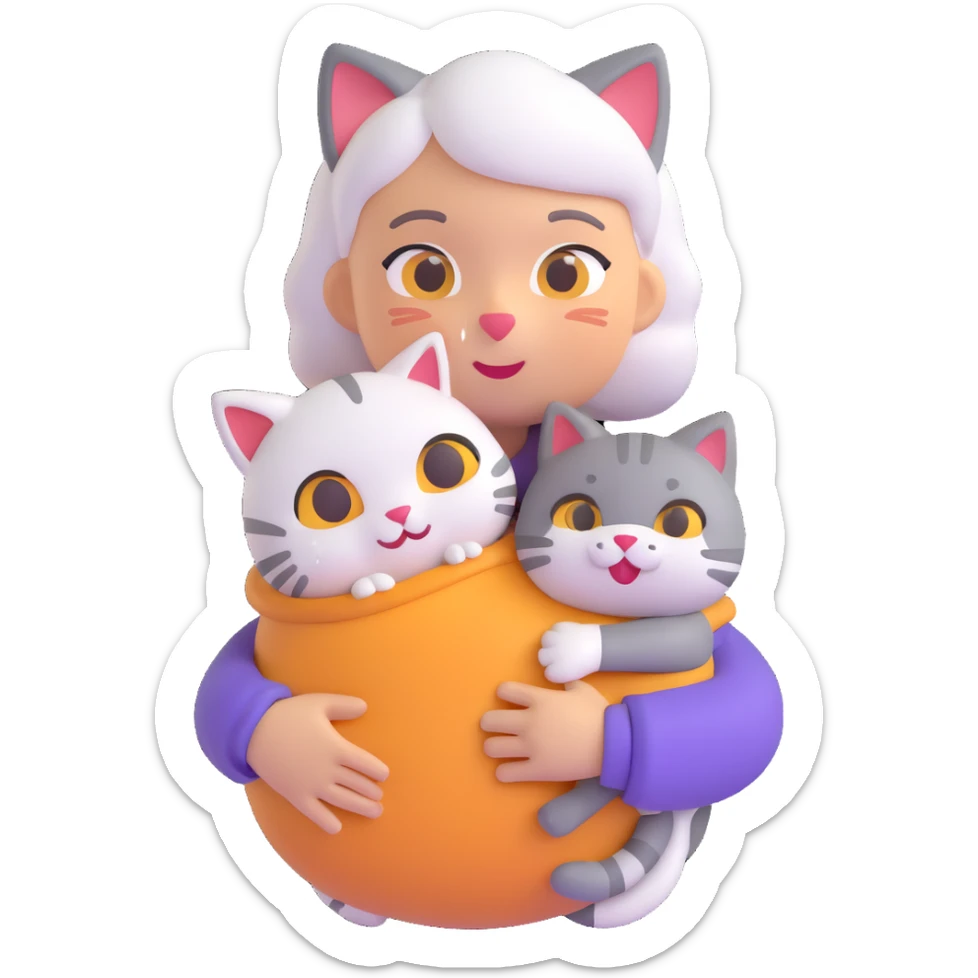 Show only one cat in the grandmother's arms, 3d emoji style, with no background (transparent) sticker