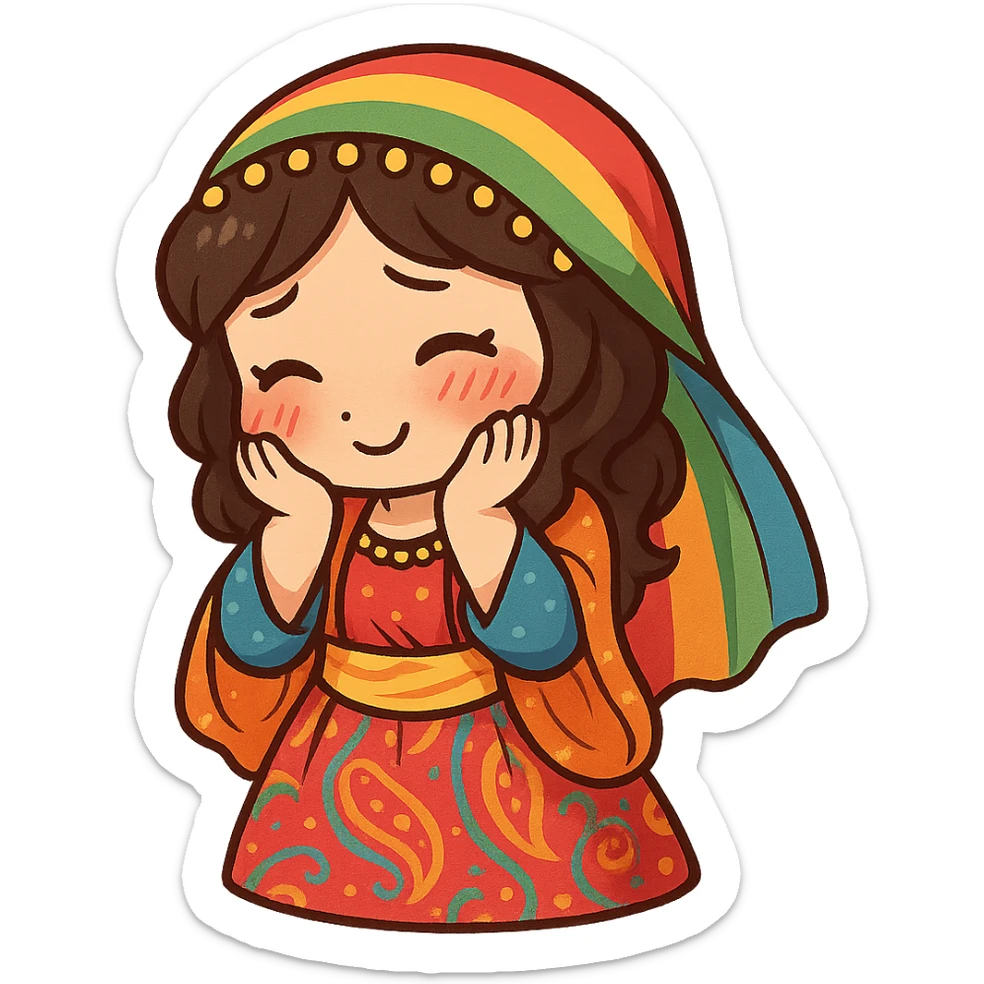 Cartoon sticker of a Kurdish woman in traditional Kurdish female clothing, colorful and cheerful style. Face showing shy and embarrassed expression with red cheeks, looking down or to the side. Both hands on cheeks. No shadows or color halos around the image, no text, suitable for WhatsApp and Instagram, with a fully transparent background. sticker