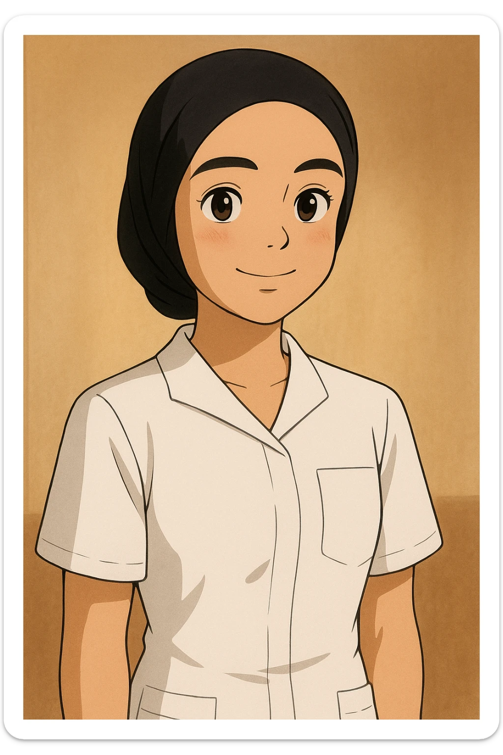 Portrait Ghibli style of a student nurse in a white short-sleeve nursing uniform with a V-neck medical tunic, left chest pocket, no collar stand, no stethoscope, warm indoor ambiance, neutral wall-style background, no clothing under the tunic. sticker