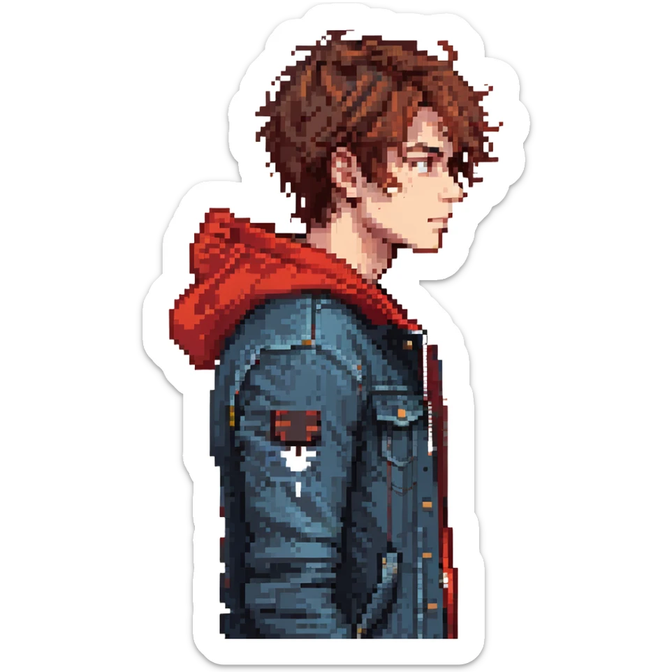 Pixel art character, young man with dark jacket, red hoodie, brown messy hair, jeans, scar on left eyebrow, confident face, retro arcade sprite style, side view sticker