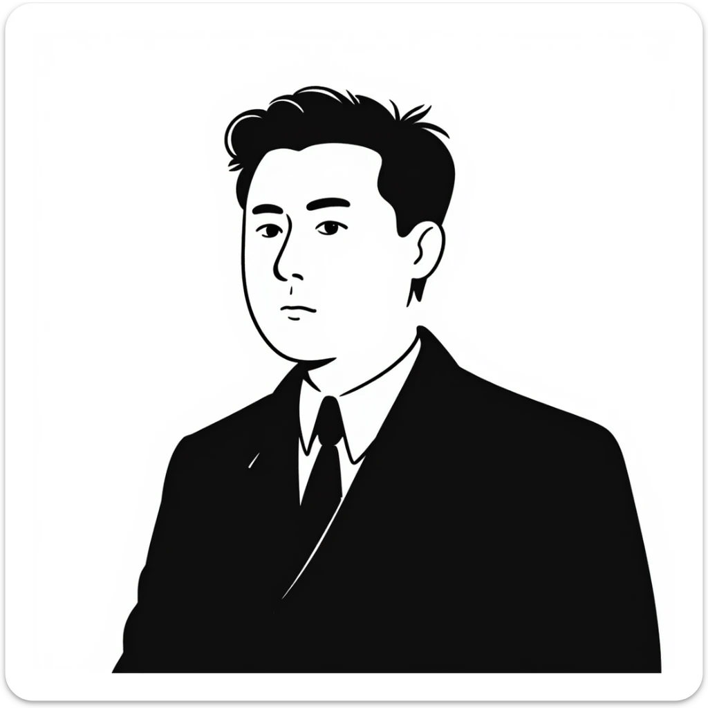 Portrait of a North Korean man, serious and stern, official portrait of a chief engineer at a shipyard, wearing formal dark clothing, neutral background, restrained style, DPRK propaganda style portrait, minimalist, masculine, confident gaze sticker