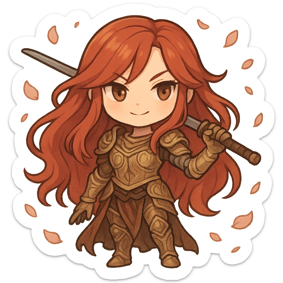 Malenia, Blade of Miquella, chibi style, without helmet, long red hair, golden armor, prosthetic arm, katana resting on shoulder, surrounded by petals, cute and powerful sticker