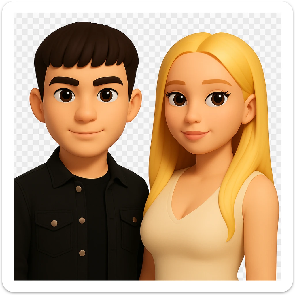 Slightly increase the volume of the upper body of the girl, separate the girl and the boy from each other, make the skin color the same for both characters. Maintain the cartoonish 3D style as in the reference image. Keep the background transparent. sticker