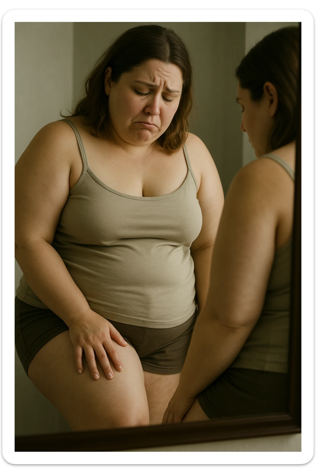 donna in leggero sovrappeso che si guarda allo specchio toccandosi la coscia grassa con espressione triste, IPERREALISTICA 4K sticker