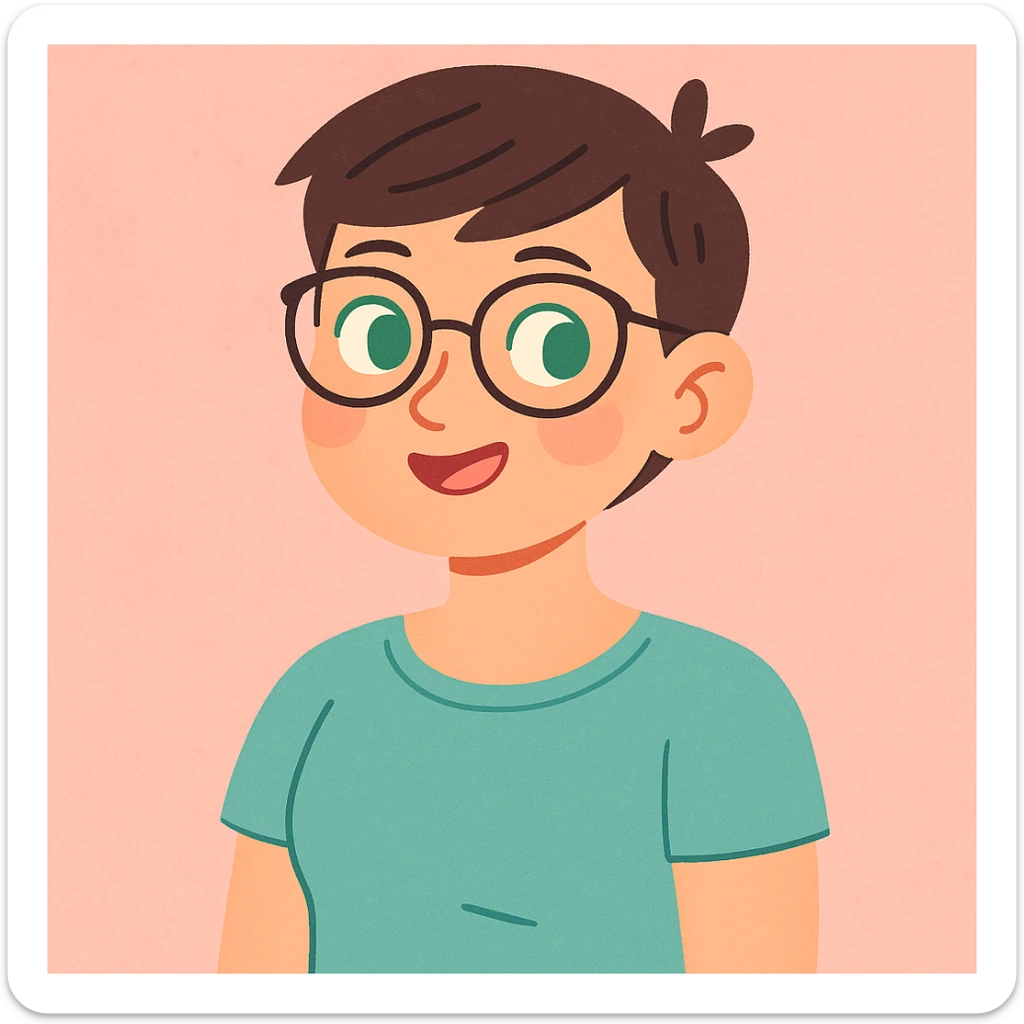 woman with a short pixie haircut, green eyes, glasses, and a short sleeve shirt, soft pastel illustration style sticker