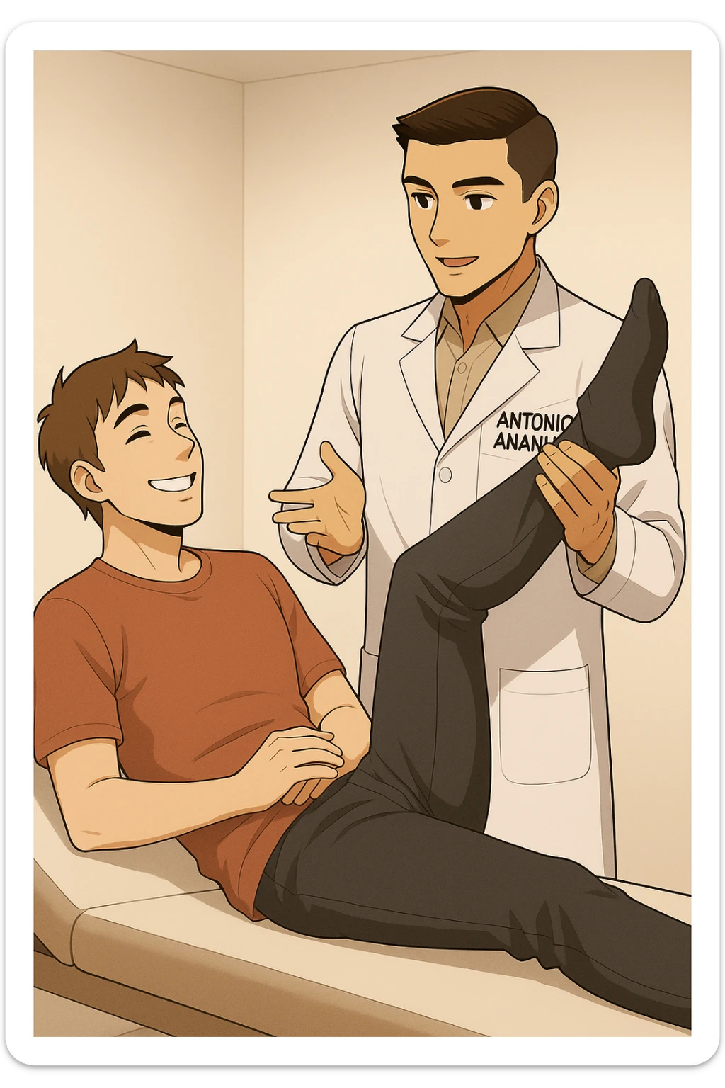 fai un webtoon manga a colori con questo stile, in cui un uomo è steso sul lettino medico e il kinesiologo con il camice bianco (fagli anche la scritta "ANTONIO ANANIA" SUL CAMICE, gli solleva una gamba per fargli il test neuromuscolare, IL KINESIOLOGO SPIEGA ALL'UOMO UNA cosa mentre gli alza la gamba. l'espressione dell'uomo è felice e soddisfatta, non fare i fumetti però, fai solo in modo che sembri stiano parlando, il lettino fai in modo che si veda tutto intero sticker