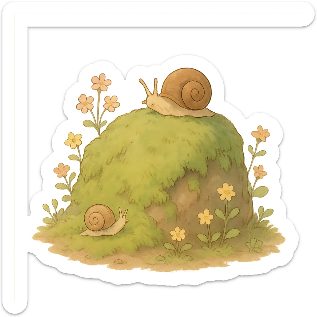 mossy rock with snails and small flowers in earthy pastel colors, ghibli style sticker