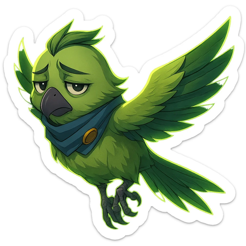 Add a glowing aura to the detailed anime style green bird inspired by Valorant agent Falko, flying and looking sad, with no background. Preserve the detailed anime style and the green bird's characteristics. sticker