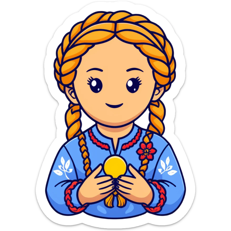 Ukrainian young girl with braided hair wearing traditional vyshyvanka embroidered shirt holding the sun in her hands sticker