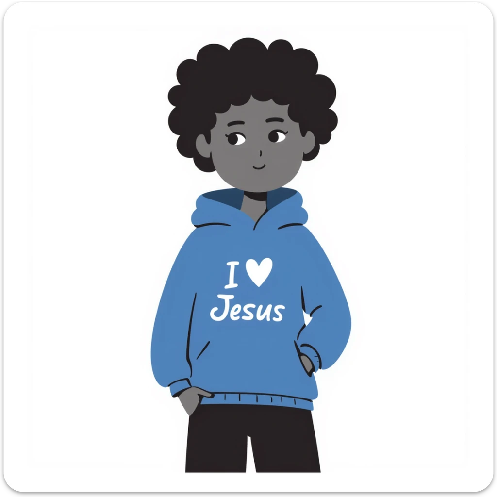 short curly-haired dark skin girl, blue hoodie, 'I heart Jesus' text sticker