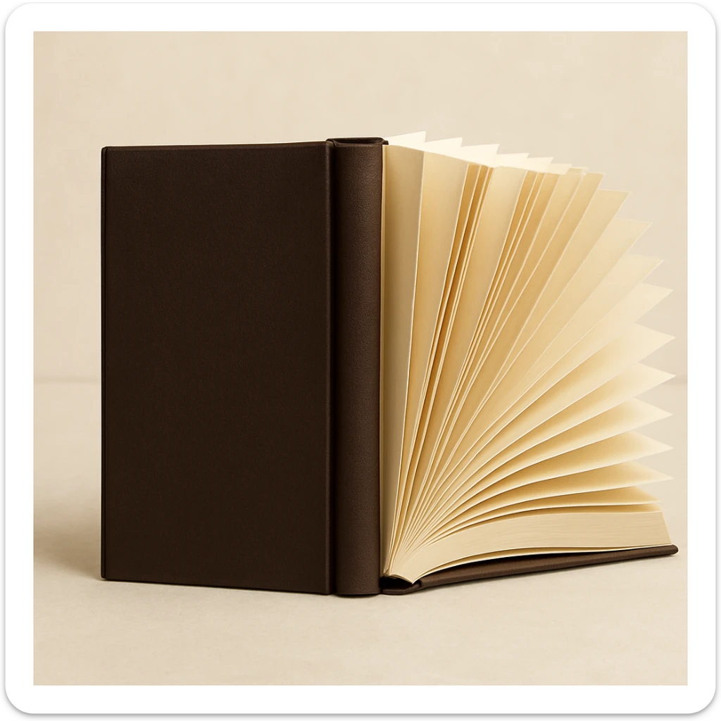 an open book viewed from behind, showing the back cover and slightly fanned pages sticker