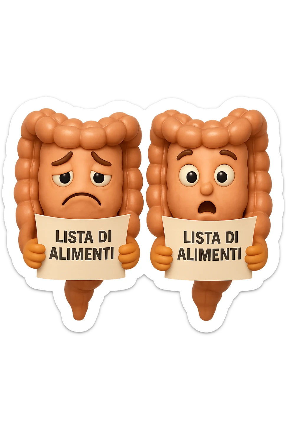 EMOJI STILE IPHONE DI UN INTESTINO CHE LEGGE UN FOGLIO CON LA SCRITTA "lista di alimenti" ed espressione triste in volto, ESPRESSIONE STUPITA IN VOLTO, IPERREALISTICO 4K sticker