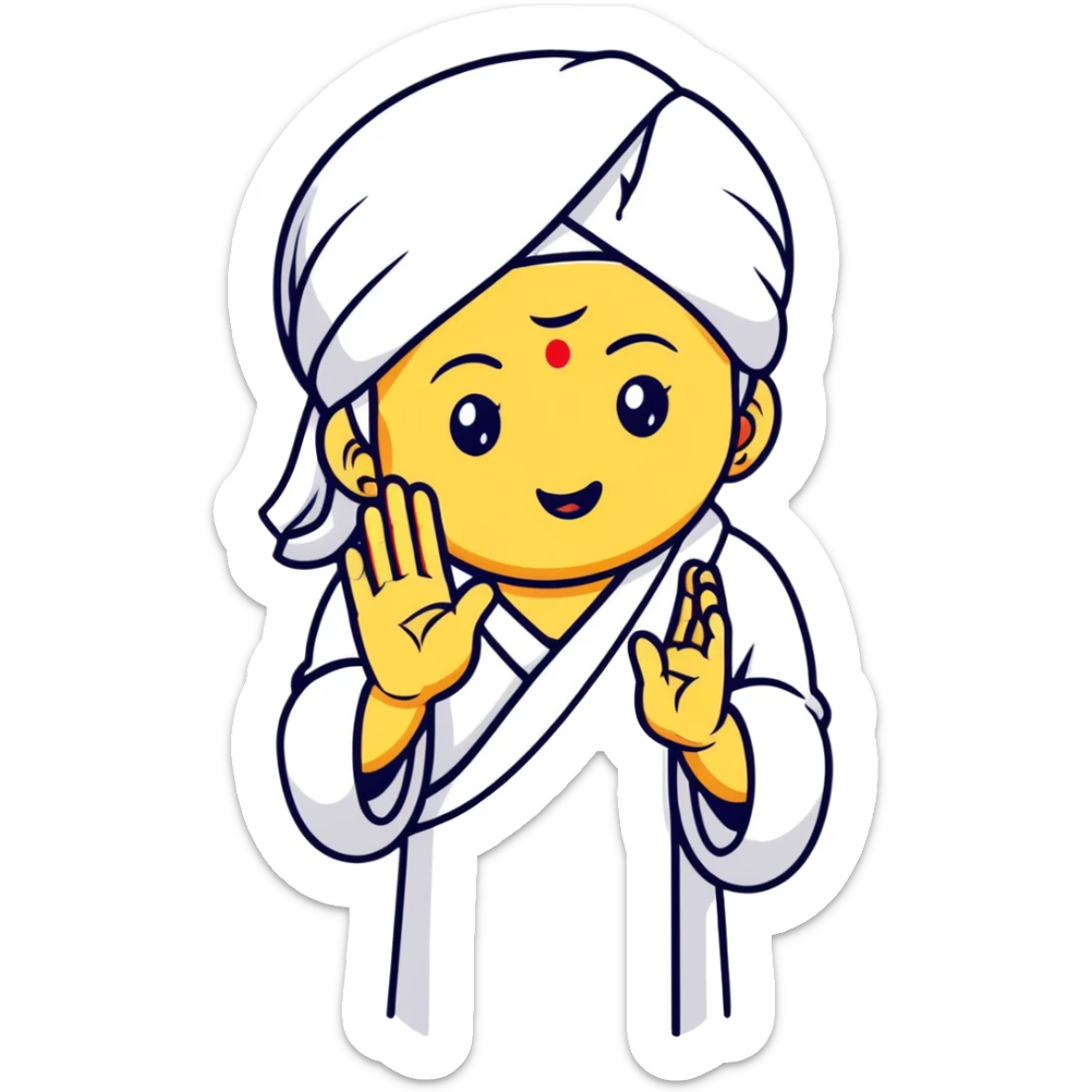 Emoji-style Sai Baba of Shirdi, calm and divine look, white robe and headscarf, golden aura, round face, expressive but minimal, right hand raised in blessing with two fingers up, soft pastel background, clean vector, glowing eyes, spiritual, sticker-like sticker