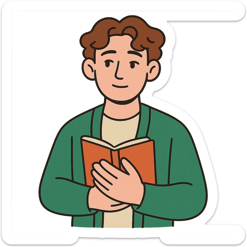 Calm and thoughtful male confidant, fair skin, soft wavy brown hair, gentle eyes, wearing a green cardigan over a light shirt, holding an open journal close to chest, waist-up, front-facing, pure background sticker