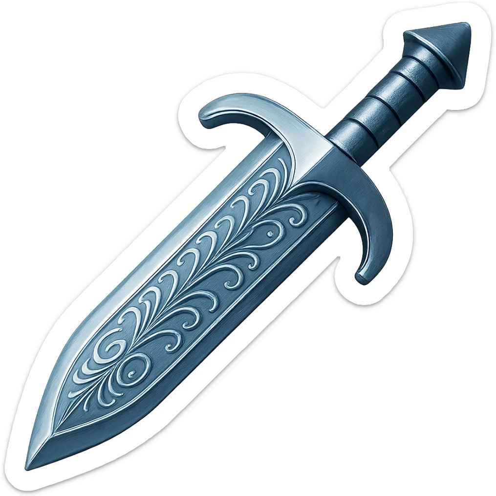 Recolor this weapon to match the blueish-gray steel color and ornate engravings of the reference helmet. Emphasize the cool metallic finish and detailed engravings, matching the helmet exactly. Transparent background. The style should reflect a cool metallic look with detailed engravings as seen in the helmet reference. sticker