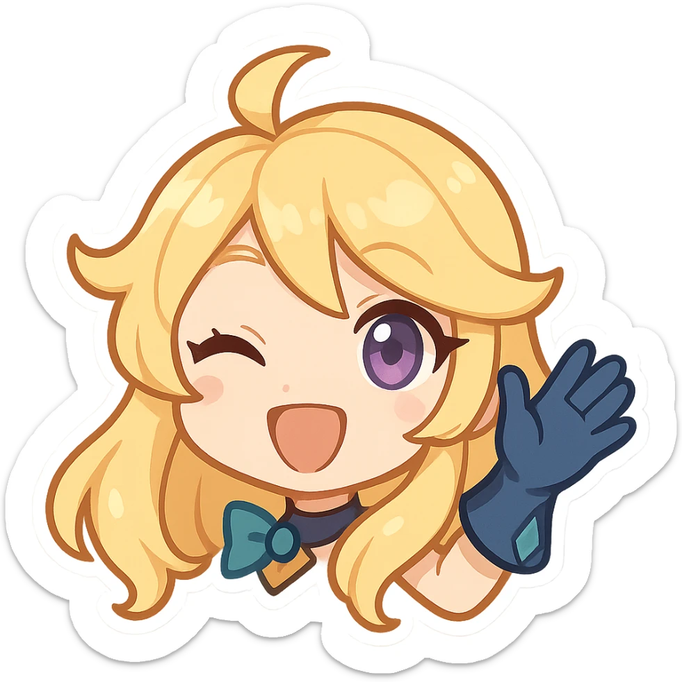 chibi style Gwen from League of Legends, only head, right eye purple, one hand waving with glove, big smile, energetic pose, yellow hair sticker