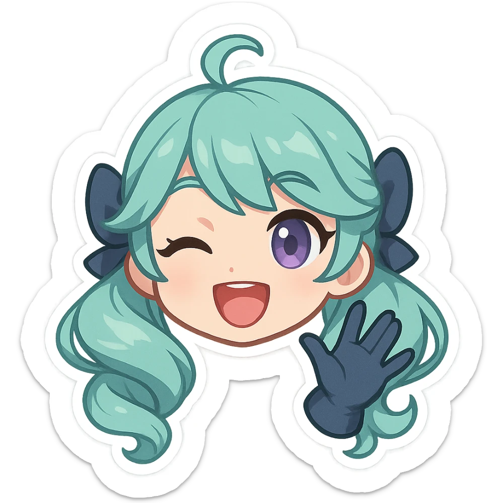 chibi style Gwen from League of Legends, only head, right eye purple, one hand waving with glove, big smile, energetic pose, green hair sticker