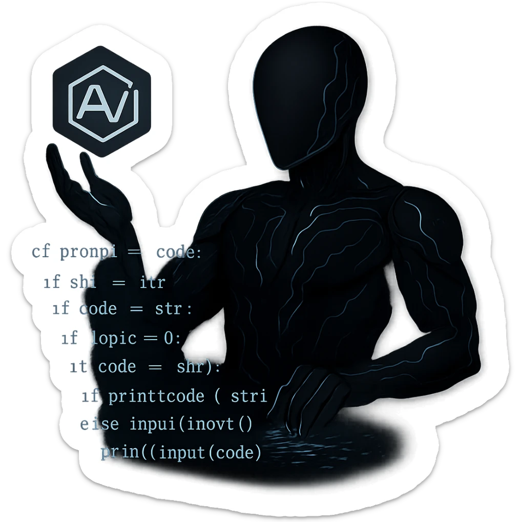 Change the AI suit to a much darker color, keeping the glowing circuits and floating cube logo, with one hand typing in mid-air, building prompts from code and logic. Keep the background transparent. The style should maintain the original look and feel of the image. sticker