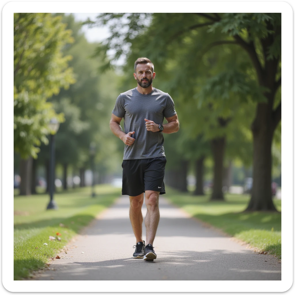 vertical photograph of a man practicing fasting to regenerate the body, man walking in a park, sportswear, fresh air, realistic style sticker