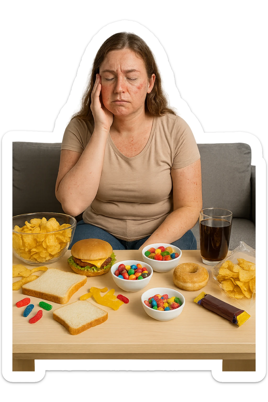 Donna tra i 25 e i 35 anni seduta sul divano o a un tavolo disordinato, circondata da cibi sparsi e poco sani: patatine, dolci, pane bianco, snack confezionati, bibite. con infiammazione e squilibri ormonali sticker